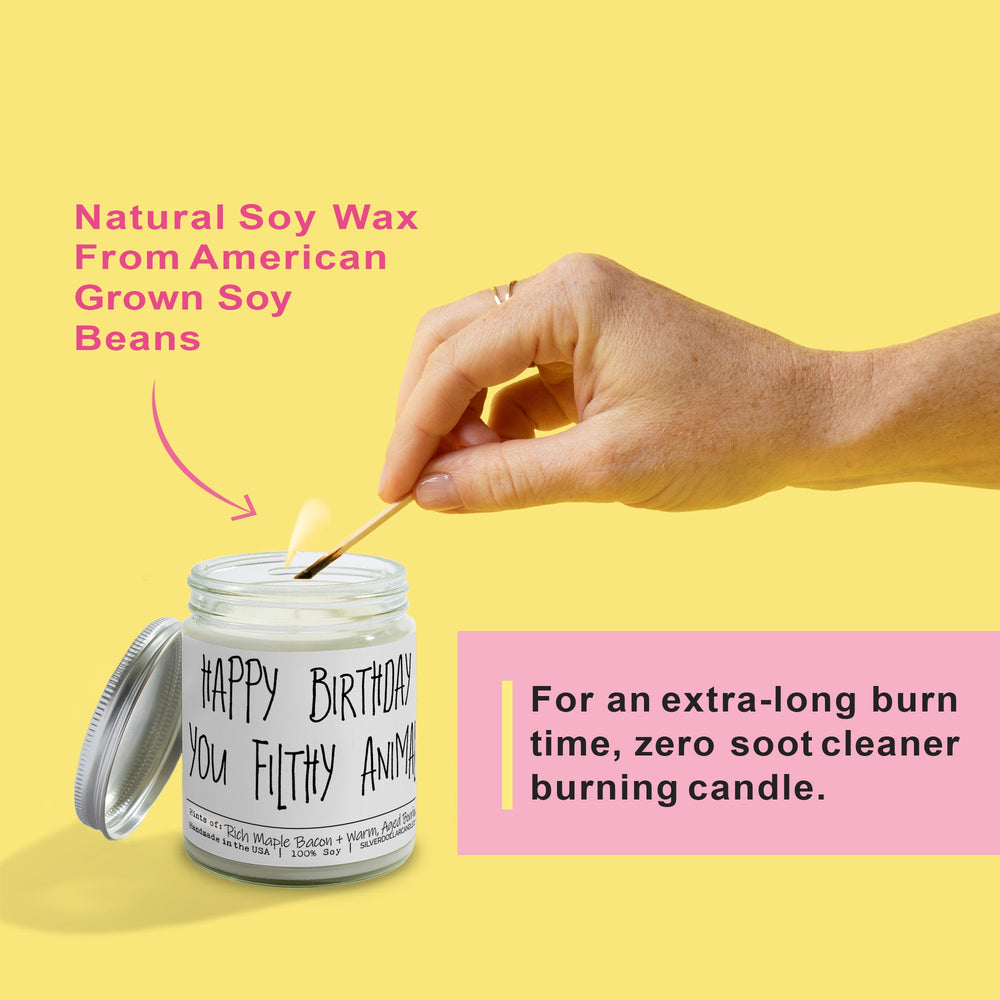 
                  
                    'Happy Birthday You Filthy Animal' - Handmade Soy Wax Candle, 9oz Maple Bacon & Bourbon Scent, Eco - Friendly Cotton Wick, 40 - 55 Hours Burn, Recyclable Glass - Silver Dollar Candle Co all natural soy candle
                  
                