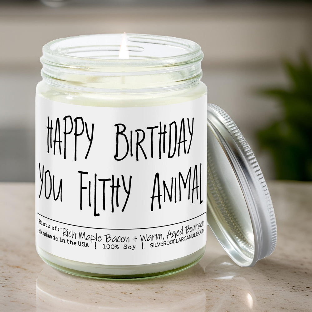 
                  
                    'Happy Birthday You Filthy Animal' - Handmade Soy Wax Candle, 9oz Maple Bacon & Bourbon Scent, Eco - Friendly Cotton Wick, 40 - 55 Hours Burn, Recyclable Glass - Silver Dollar Candle Co all natural soy candle
                  
                