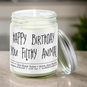 'Happy Birthday You Filthy Animal' - Handmade Soy Wax Candle, 9oz Maple Bacon & Bourbon Scent, Eco - Friendly Cotton Wick, 40 - 55 Hours Burn, Recyclable Glass - Silver Dollar Candle Co all natural soy candle