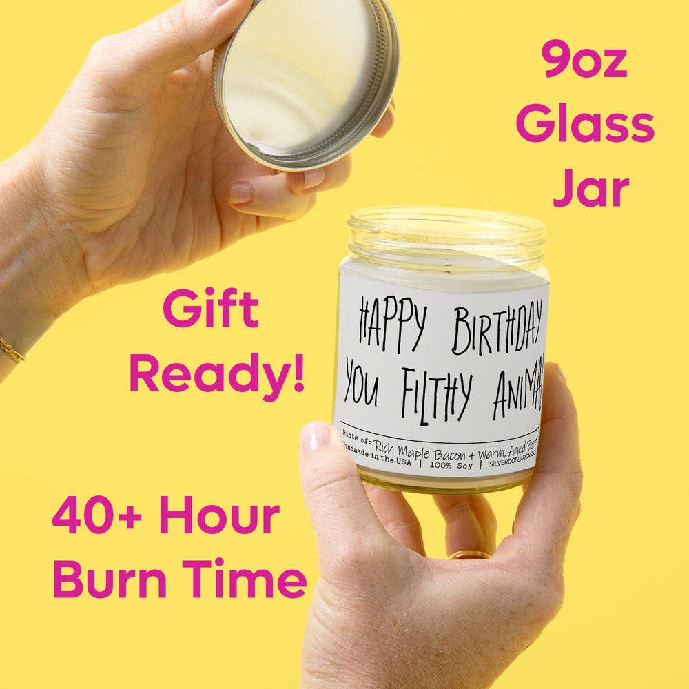 
                  
                    'Happy Birthday You Filthy Animal' - Handmade Soy Wax Candle, 9oz Maple Bacon & Bourbon Scent, Eco - Friendly Cotton Wick, 40 - 55 Hours Burn, Recyclable Glass - Silver Dollar Candle Co all natural soy candle
                  
                