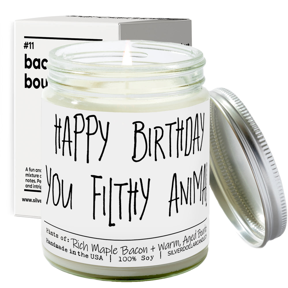 
                  
                    'Happy Birthday You Filthy Animal' - Handmade Soy Wax Candle, 9oz Maple Bacon & Bourbon Scent, Eco - Friendly Cotton Wick, 40 - 55 Hours Burn, Recyclable Glass - Silver Dollar Candle Co all natural soy candle
                  
                