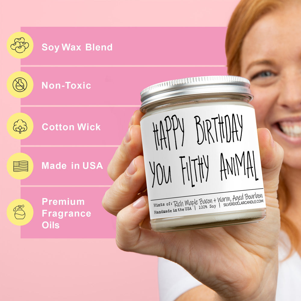 
                  
                    'Happy Birthday You Filthy Animal' - Handmade Soy Wax Candle, 9oz Maple Bacon & Bourbon Scent, Eco - Friendly Cotton Wick, 40 - 55 Hours Burn, Recyclable Glass - Silver Dollar Candle Co all natural soy candle
                  
                