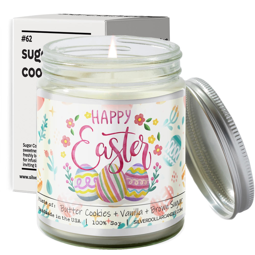 
                  
                    Happy Easter Scented Candle - Sweet Sugar Cookie Scent - Handmade Soy Wax Candle, 9oz - Sweet Sugar Cookie Scent - Silver Dollar Candle Co all natural soy candle
                  
                