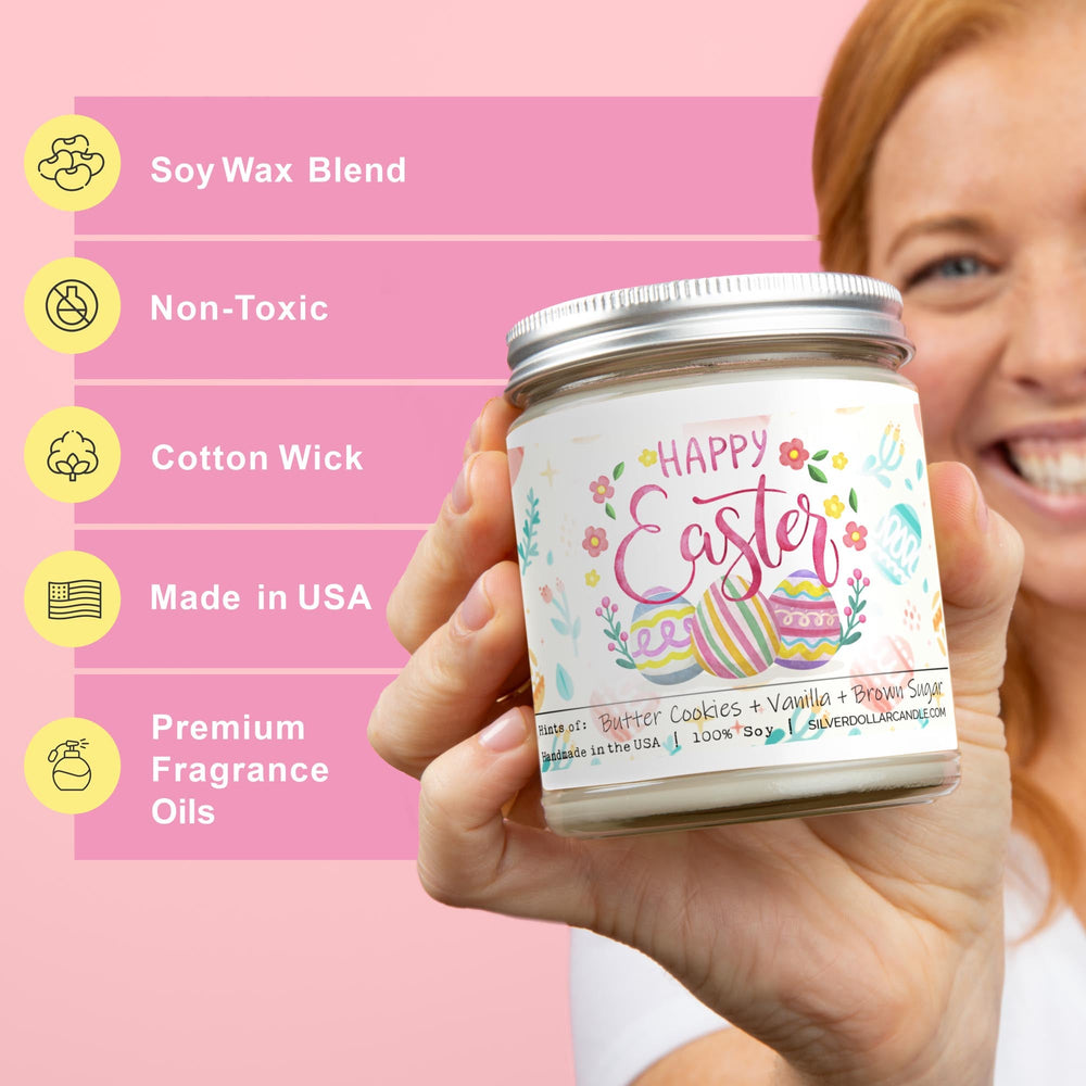 
                  
                    Happy Easter Scented Candle - Sweet Sugar Cookie Scent - Handmade Soy Wax Candle, 9oz - Sweet Sugar Cookie Scent - Silver Dollar Candle Co all natural soy candle
                  
                