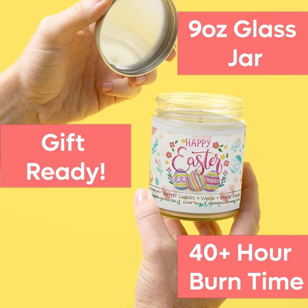 
                  
                    Happy Easter Scented Candle - Sweet Sugar Cookie Scent - Handmade Soy Wax Candle, 9oz - Sweet Sugar Cookie Scent - Silver Dollar Candle Co all natural soy candle
                  
                