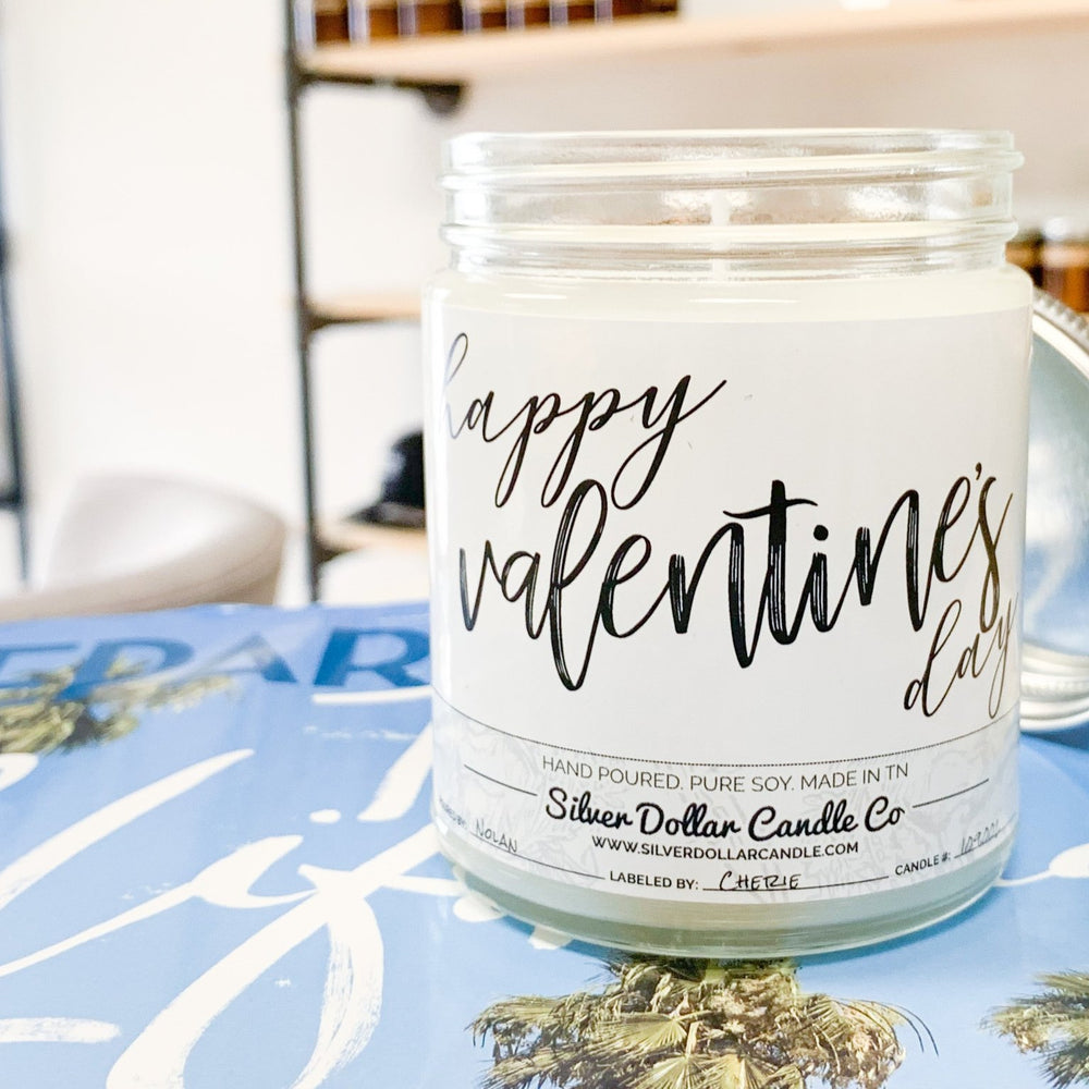 
                  
                    Happy Valentine's Day Scented Candle - Love/Anniversary/Valentine's Day Candle - 9/16oz 100% All - Natural Handmade Soy Wax Candle - Silver Dollar Candle Co all natural soy candle
                  
                