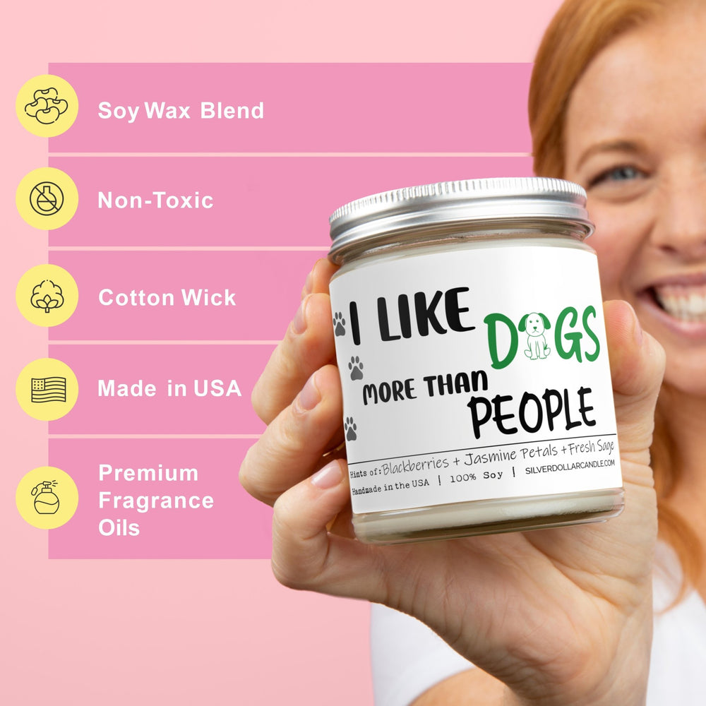 
                  
                    I Like Dogs More Than People Candle | 9/16oz Blackberry Jam Scented Candle - Silver Dollar Candle Co all natural soy candle
                  
                