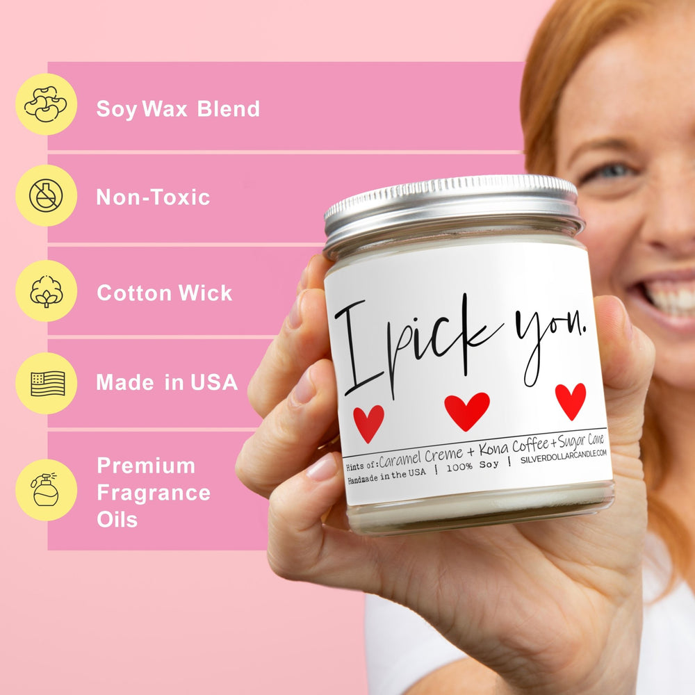 I Pick You - Brazilian Coffee Scented Candle, 9oz Soy Wax with Caramel Crème, Kona Coffee & Sugar Cane - Love/Anniversary/Valentine's Day Candle - 100% All - Natural Handmade Soy Wax Candle - Silver Dollar Candle Co all natural soy candle