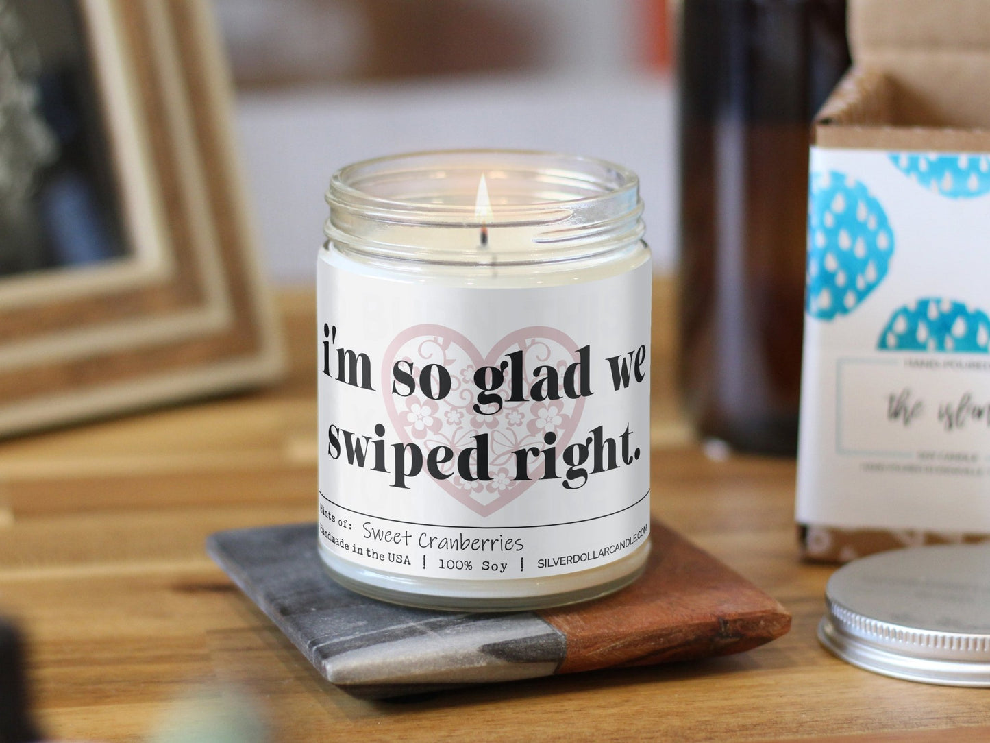 'I’m so glad we swiped right' Love Candle - 9oz Scented Soy Candle | Hand - Poured, Eco - Friendly | SD Candle - Silver Dollar Candle Co all natural soy candle