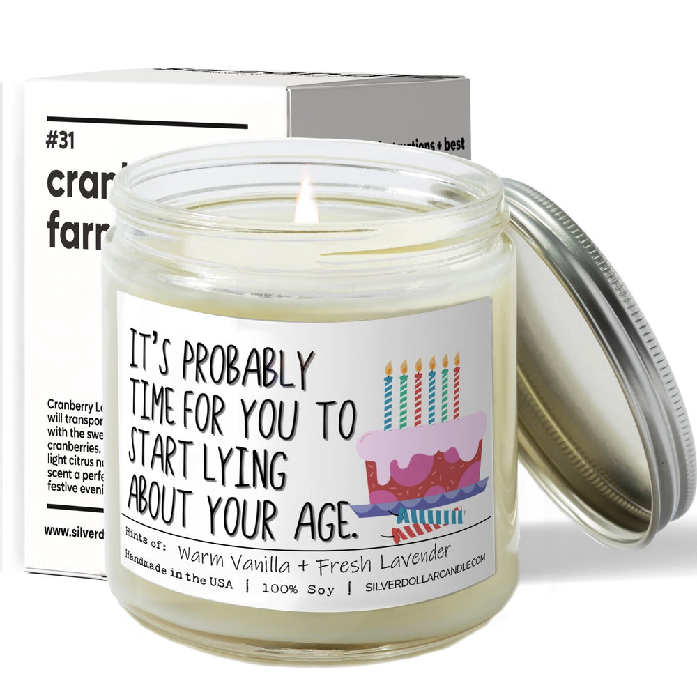 
                  
                    'It’s probably time for you to start lying about your age' - 9oz Lavender Vanilla Soy Wax Scented Candle - Warm Vanilla and Fresh Lavender Blend for Relaxation - Silver Dollar Candle Co all natural soy candle
                  
                