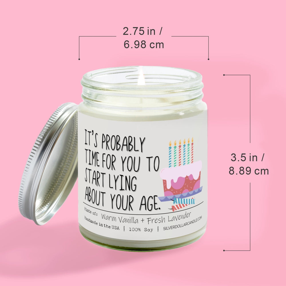 
                  
                    'It’s probably time for you to start lying about your age' - 9oz Lavender Vanilla Soy Wax Scented Candle - Warm Vanilla and Fresh Lavender Blend for Relaxation - Silver Dollar Candle Co all natural soy candle
                  
                