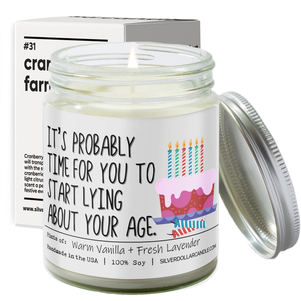 
                  
                    'It’s probably time for you to start lying about your age' - 9oz Lavender Vanilla Soy Wax Scented Candle - Warm Vanilla and Fresh Lavender Blend for Relaxation - Silver Dollar Candle Co all natural soy candle
                  
                