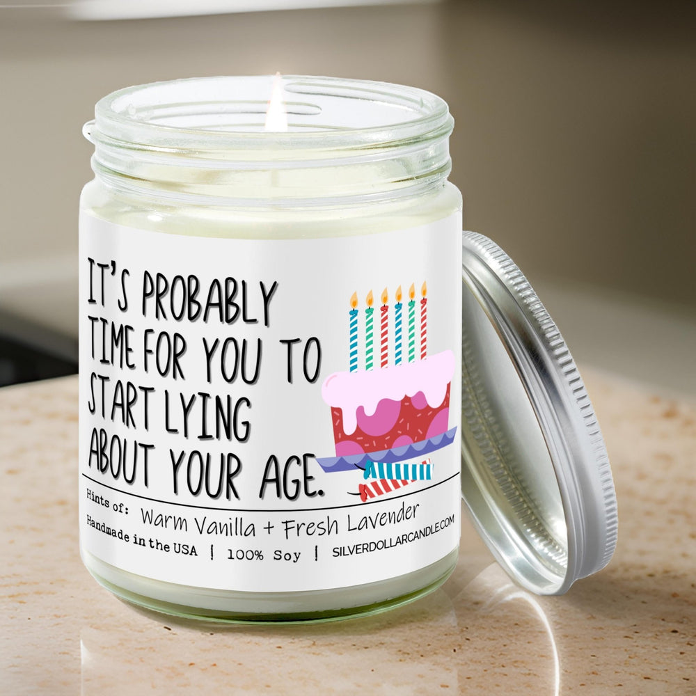 
                  
                    'It’s probably time for you to start lying about your age' - 9oz Lavender Vanilla Soy Wax Scented Candle - Warm Vanilla and Fresh Lavender Blend for Relaxation - Silver Dollar Candle Co all natural soy candle
                  
                