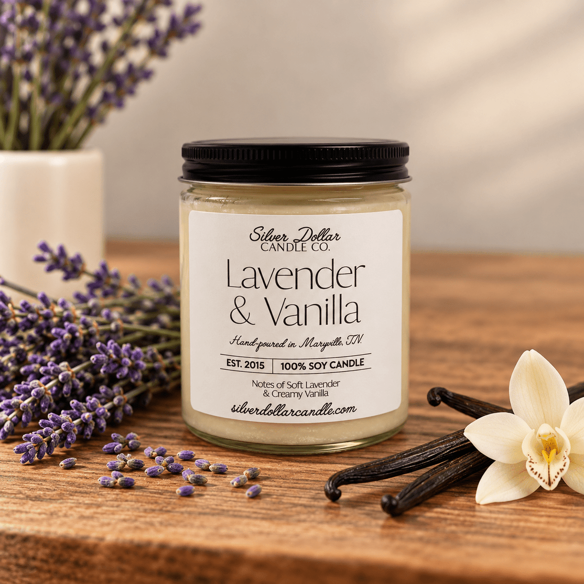 Lavender & Vanilla Soy Candle | 9oz Relaxing Floral & Sweet Vanilla Scent | Hand-Poured in Tennessee | Black or Silver Lid - Silver Dollar Candleworks all natural soy candle