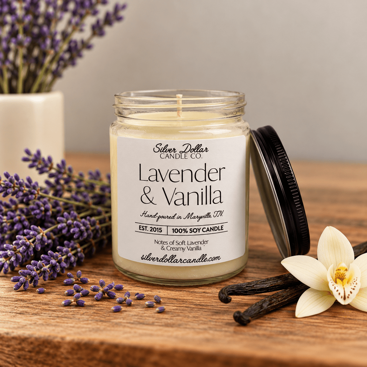 Lavender & Vanilla Soy Candle | 9oz Relaxing Floral & Sweet Vanilla Scent | Hand-Poured in Tennessee | Black or Silver Lid - Silver Dollar Candleworks all natural soy candle