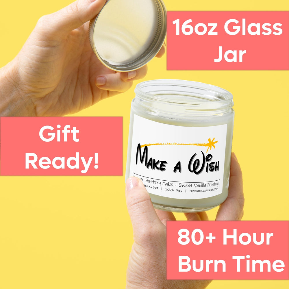 
                  
                    'Make A Wish' Birthday Candle - 9oz All Natural Soy Wax Candle, Essence of Sweet Vanilla & Buttery Cake, Cotton Wick, in Recyclable Glass - Silver Dollar Candle Co all natural soy candle
                  
                