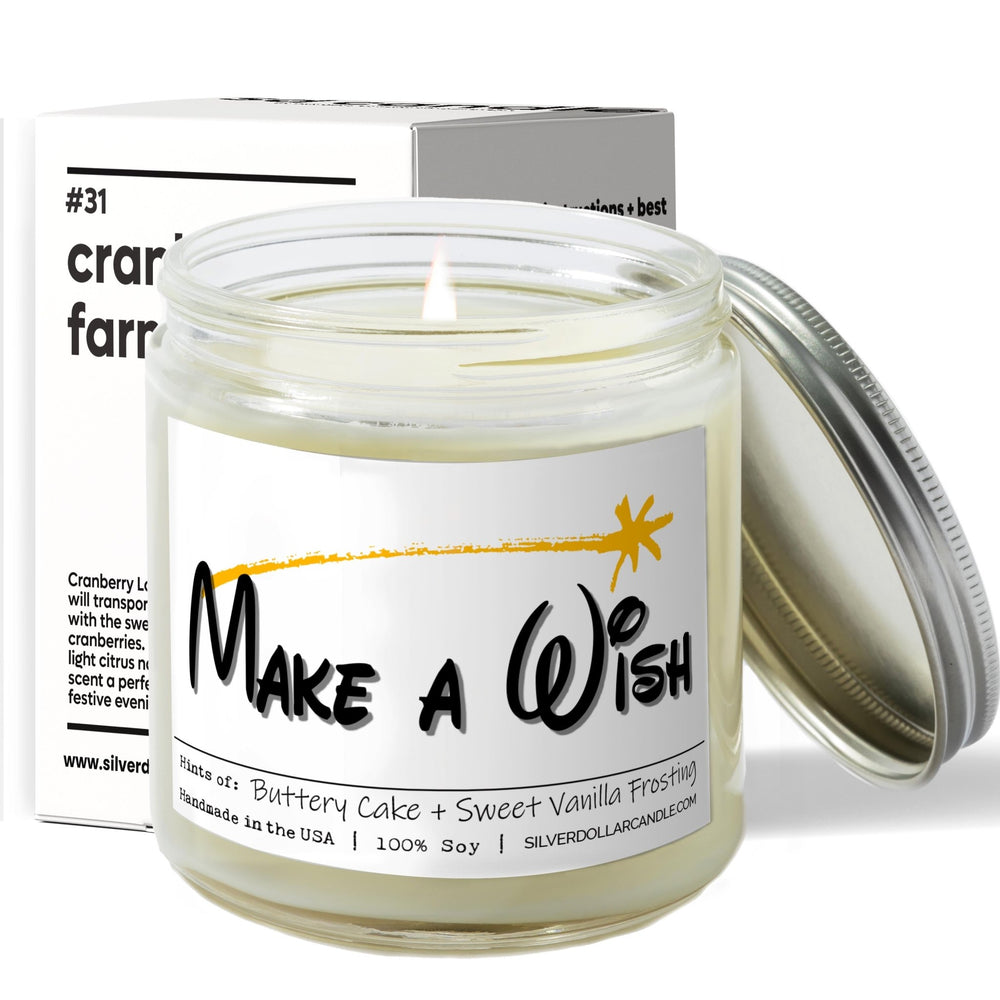 
                  
                    'Make A Wish' Birthday Candle - 9oz All Natural Soy Wax Candle, Essence of Sweet Vanilla & Buttery Cake, Cotton Wick, in Recyclable Glass - Silver Dollar Candle Co all natural soy candle
                  
                