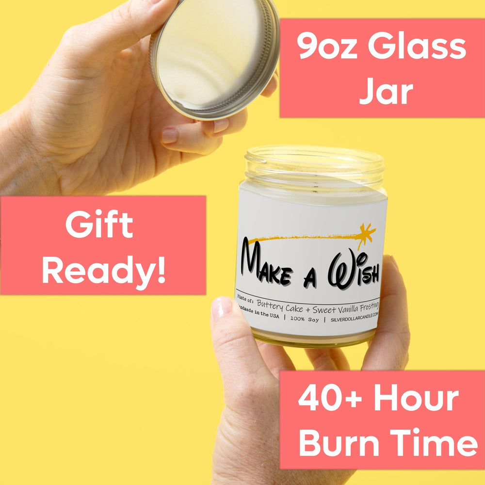 
                  
                    'Make A Wish' Birthday Candle - 9oz All Natural Soy Wax Candle, Essence of Sweet Vanilla & Buttery Cake, Cotton Wick, in Recyclable Glass - Silver Dollar Candle Co all natural soy candle
                  
                