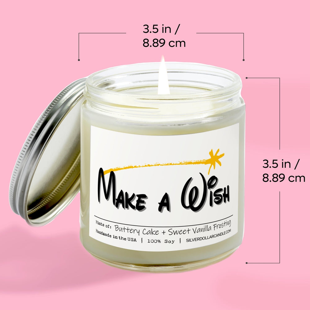 
                  
                    'Make A Wish' Birthday Candle - 9oz All Natural Soy Wax Candle, Essence of Sweet Vanilla & Buttery Cake, Cotton Wick, in Recyclable Glass - Silver Dollar Candle Co all natural soy candle
                  
                