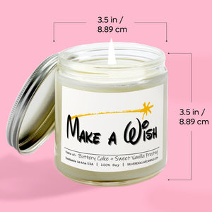 'Make A Wish' Birthday Candle - 9oz All Natural Soy Wax Candle, Essence of Sweet Vanilla & Buttery Cake, Cotton Wick, in Recyclable Glass - Silver Dollar Candle Co all natural soy candle