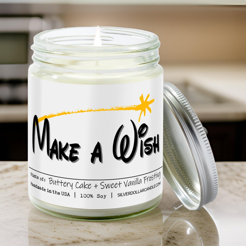 
                  
                    'Make A Wish' Birthday Candle - 9oz All Natural Soy Wax Candle, Essence of Sweet Vanilla & Buttery Cake, Cotton Wick, in Recyclable Glass - Silver Dollar Candle Co all natural soy candle
                  
                