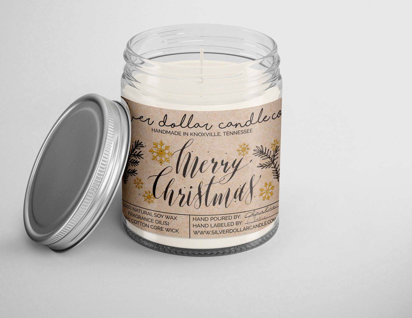 Merry Christmas Candle - All - Natural Handmade Soy Candle - Silver Dollar Candle Co all natural soy candle