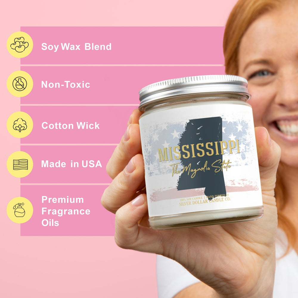 
                  
                    Mississippi State Candle - Missing Home and Nostalgia Candle - 9/16oz 100% All - Natural Handmade Soy Wax Candle - Silver Dollar Candle Co all natural soy candle
                  
                