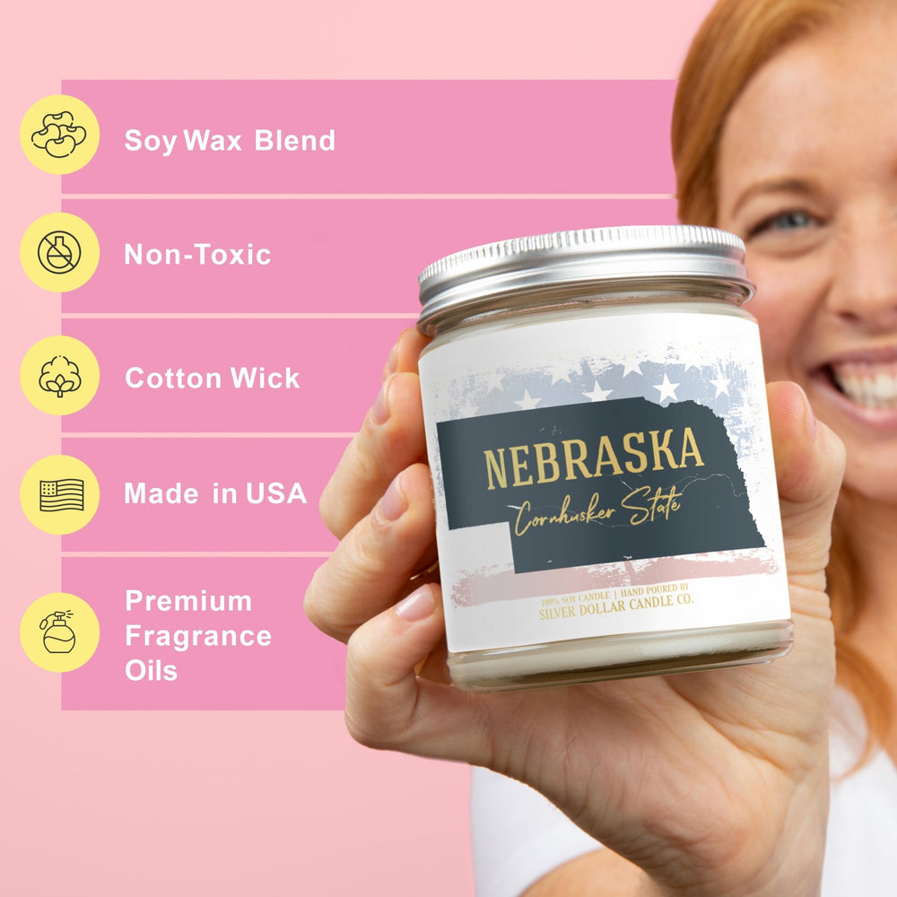 
                  
                    Nebraska State Candle - Missing Home and Nostalgia Candle - 9/16oz 100% All - Natural Handmade Soy Wax Candle - Silver Dollar Candle Co all natural soy candle
                  
                