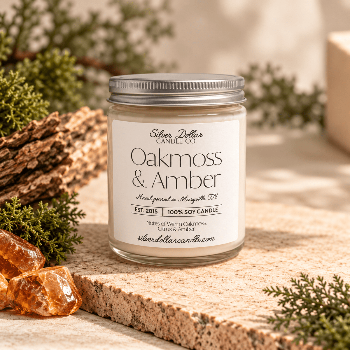 Oakmoss & Amber Scented Candle - 9oz 100% All-Natural Handmade Soy Wax Candle - Silver Dollar Candleworks all natural soy candle