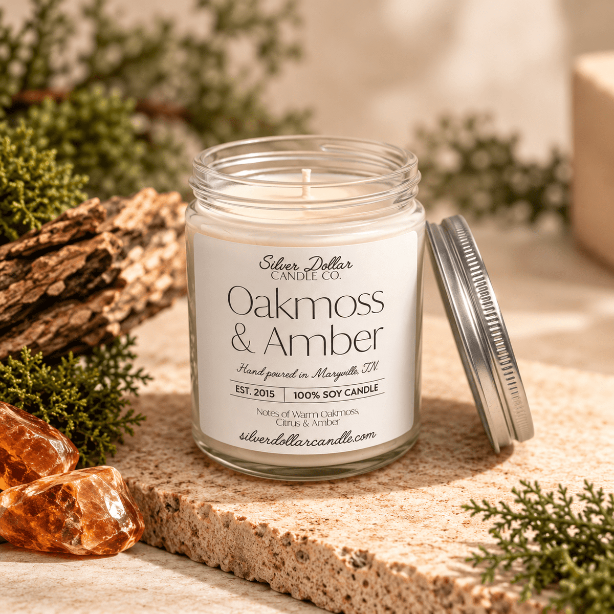 Oakmoss & Amber Scented Candle - 9oz 100% All-Natural Handmade Soy Wax Candle - Silver Dollar Candleworks all natural soy candle