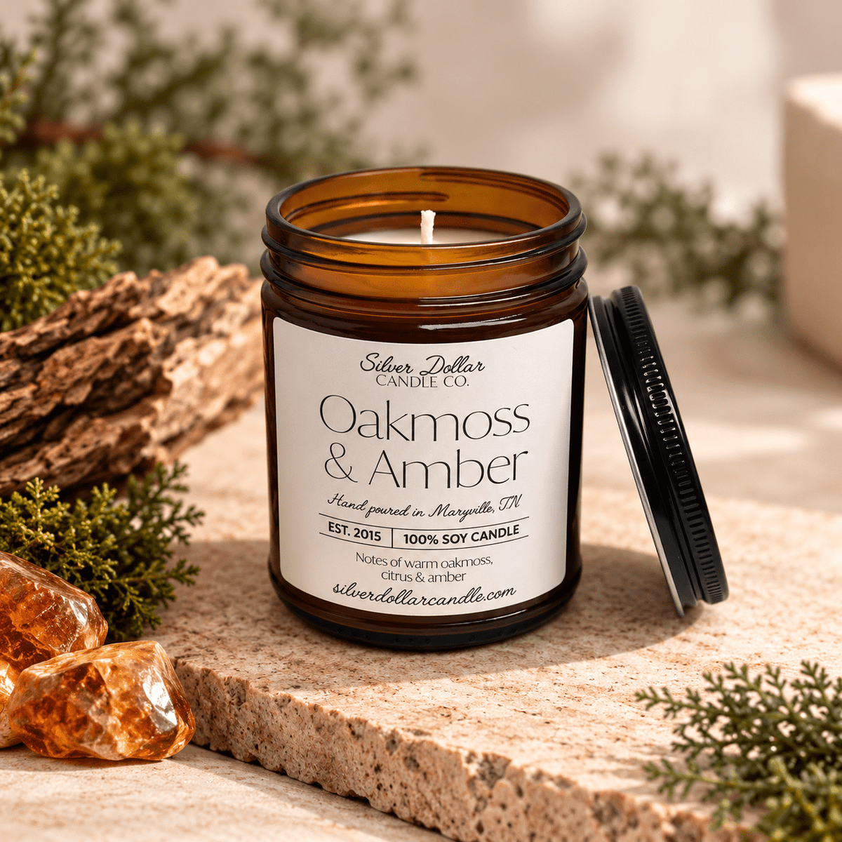 Oakmoss & Amber Soy Candle | 9 oz Amber Glass Jar with Black Lid | Hand-Poured in Tennessee - Silver Dollar Candleworks all natural soy candle