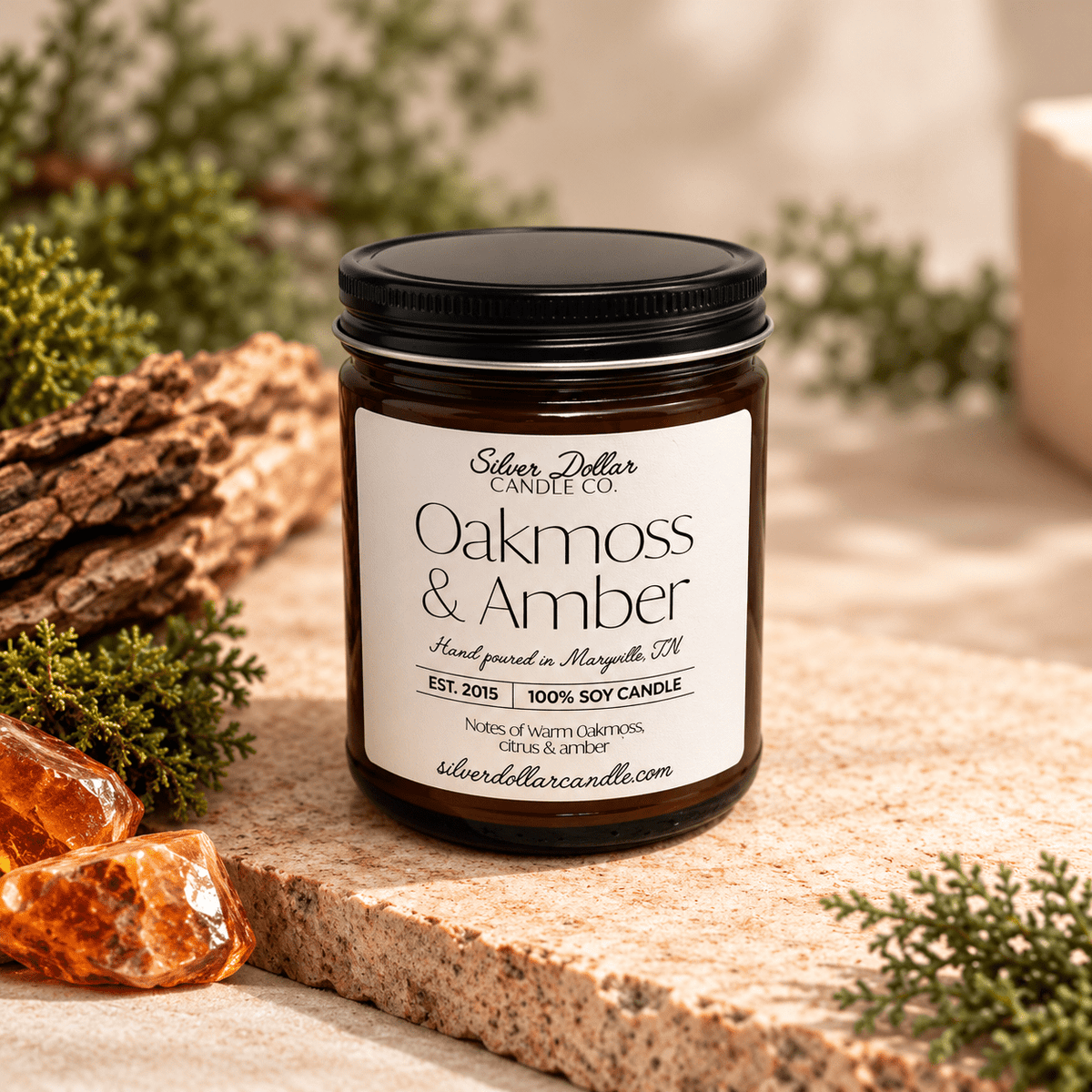 Oakmoss & Amber Soy Candle | 9 oz Amber Glass Jar with Black Lid | Hand-Poured in Tennessee - Silver Dollar Candleworks all natural soy candle
