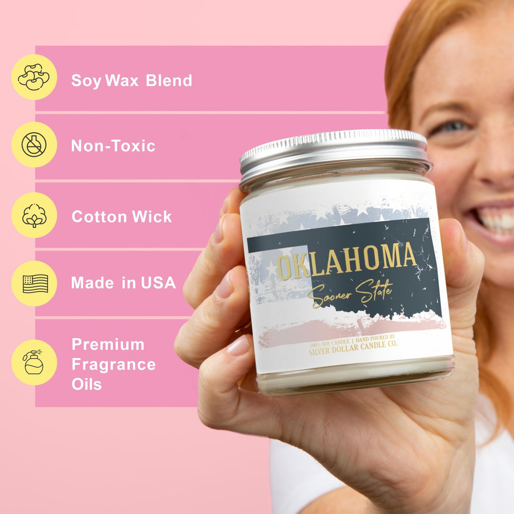 
                  
                    Oklahoma State Candle - Missing Home and Nostalgia Candle - 9/16oz 100% All - Natural Handmade Soy Wax Candle - Silver Dollar Candle Co all natural soy candle
                  
                