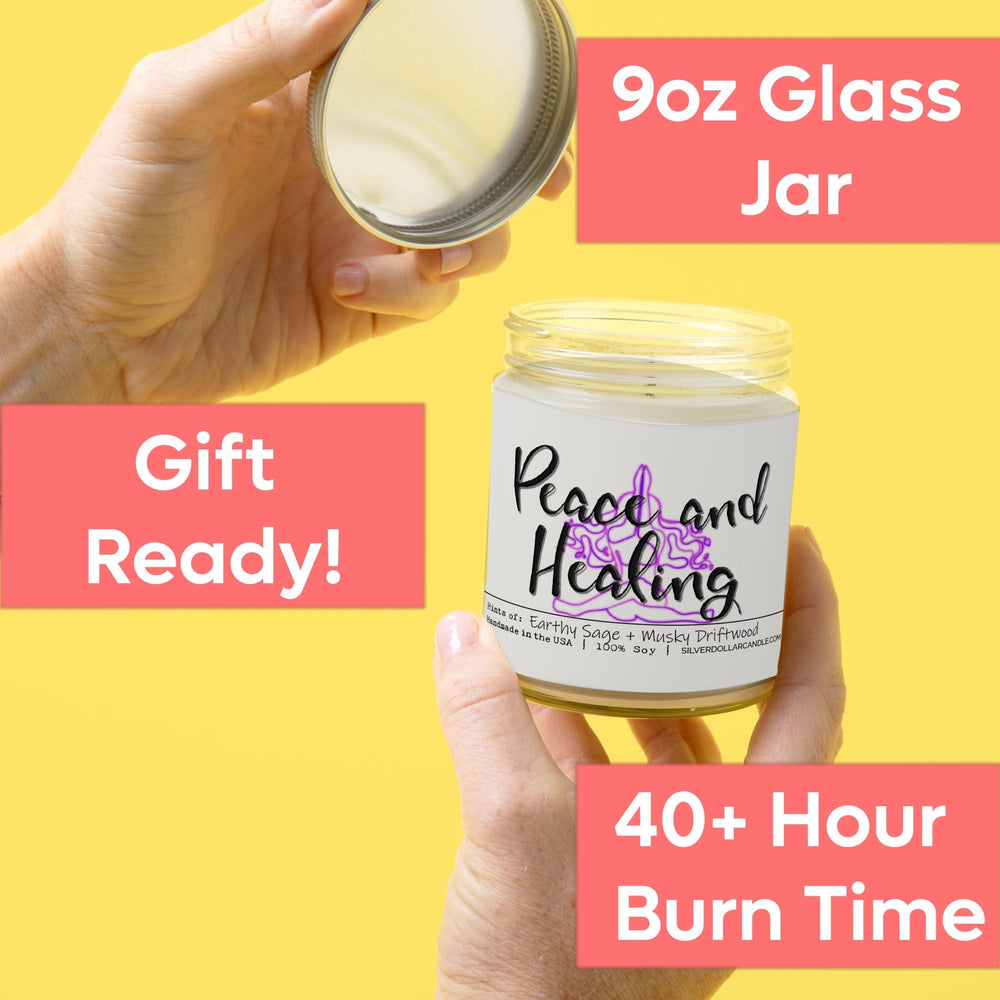 
                  
                    Peace and Healing Candle - Sage + Driftwood Scented Soy Candle | Cozy Calming Aroma for Relaxation | 9oz Hand - Poured, Eco - Friendly Candle - Silver Dollar Candle Co all natural soy candle
                  
                