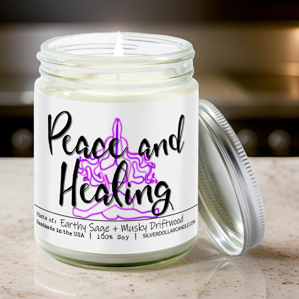 
                  
                    Peace and Healing Candle - Sage + Driftwood Scented Soy Candle | Cozy Calming Aroma for Relaxation | 9oz Hand - Poured, Eco - Friendly Candle - Silver Dollar Candle Co all natural soy candle
                  
                