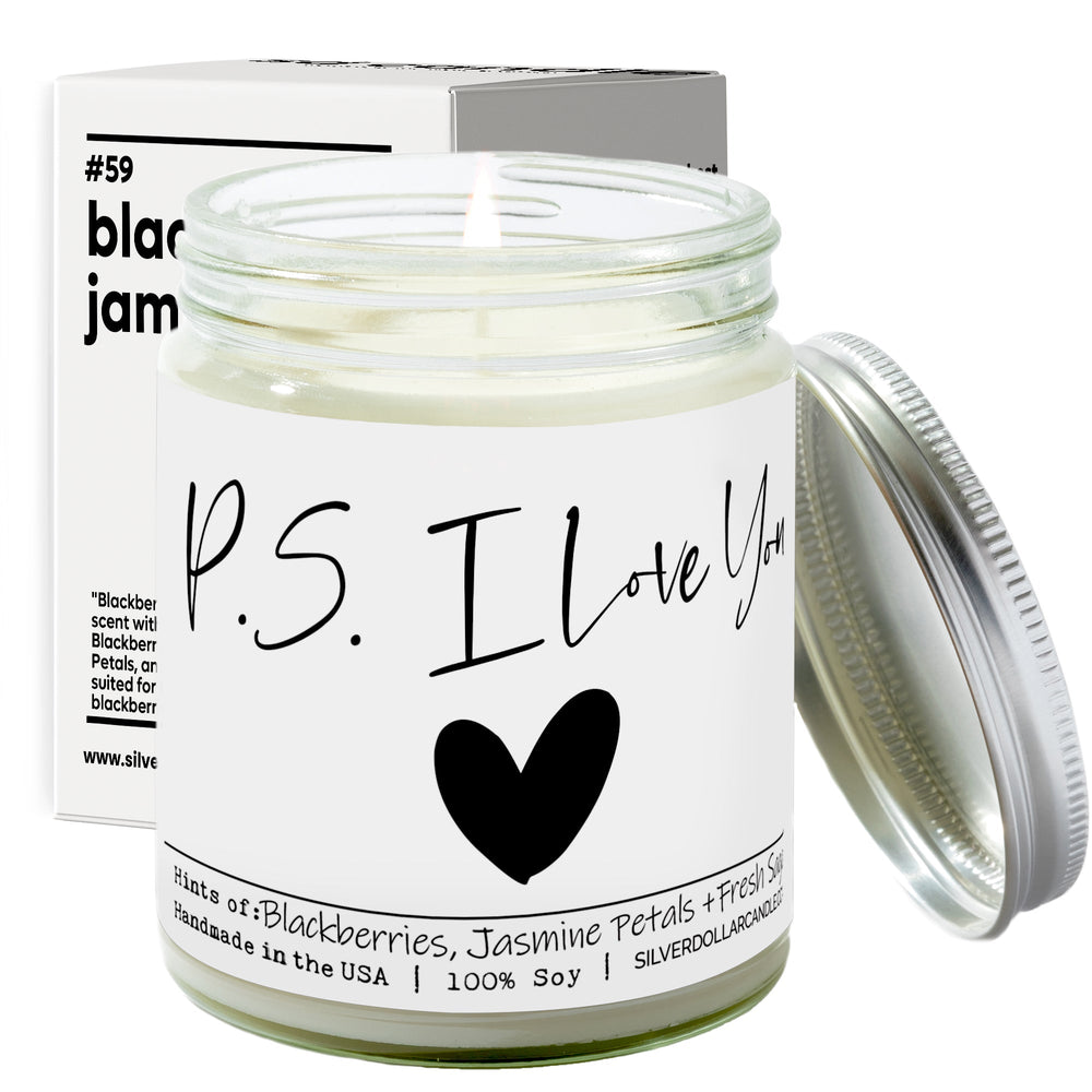 
                  
                    P.S. I Love You Candle - Love/Anniversary/Valentine's Day Candle - 9/16oz 100% All - Natural Handmade Soy Wax Candle - Blackberry Jam Scent - Silver Dollar Candle Co all natural soy candle
                  
                