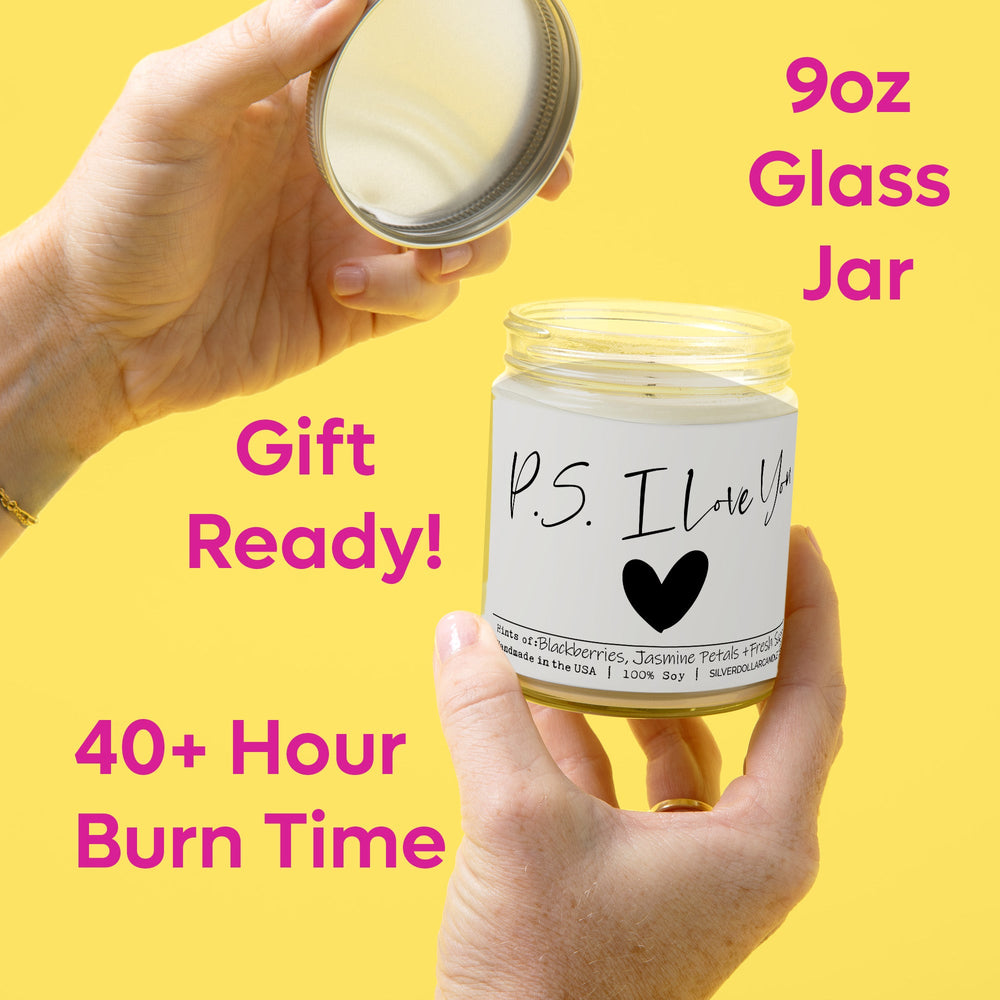 
                  
                    P.S. I Love You Candle - Love/Anniversary/Valentine's Day Candle - 9/16oz 100% All - Natural Handmade Soy Wax Candle - Blackberry Jam Scent - Silver Dollar Candle Co all natural soy candle
                  
                