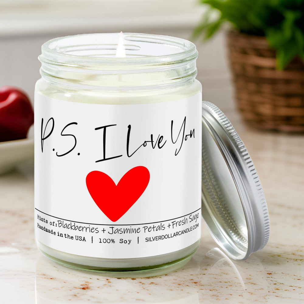 
                  
                    P.S. I Love You Candle - Love/Anniversary/Valentine's Day Candle - 9/16oz 100% All - Natural Handmade Soy Wax Candle - Blackberry Jam Scent - Silver Dollar Candle Co all natural soy candle
                  
                