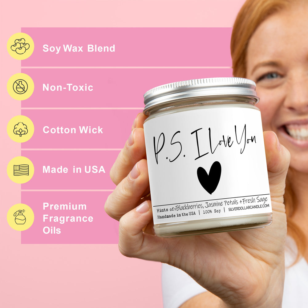 
                  
                    P.S. I Love You Candle - Love/Anniversary/Valentine's Day Candle - 9/16oz 100% All - Natural Handmade Soy Wax Candle - Blackberry Jam Scent - Silver Dollar Candle Co all natural soy candle
                  
                