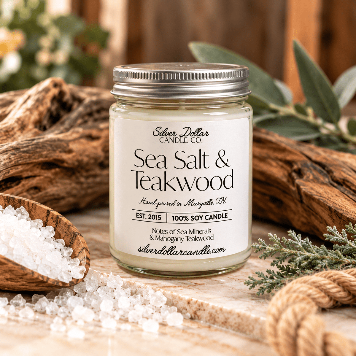Sea Salt & Teakwood Soy Candle | 9 oz Clear Glass Jar | Silver or Black Lid | Hand-Poured in Tennessee - Silver Dollar Candleworks all natural soy candle
