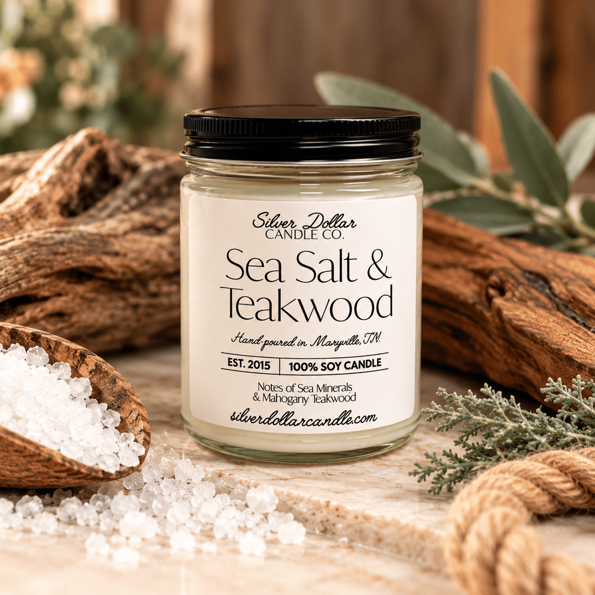 Sea Salt & Teakwood Soy Candle | 9 oz Clear Glass Jar | Silver or Black Lid | Hand-Poured in Tennessee - Silver Dollar Candleworks all natural soy candle
