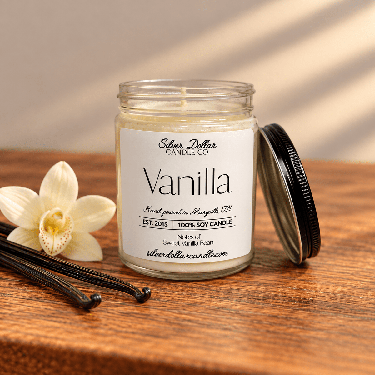 Vanilla Soy Candle | 9oz Sweet Vanilla Bean Scented Candle | Hand-Poured with Cotton Wick - Silver Dollar Candleworks all natural soy candle