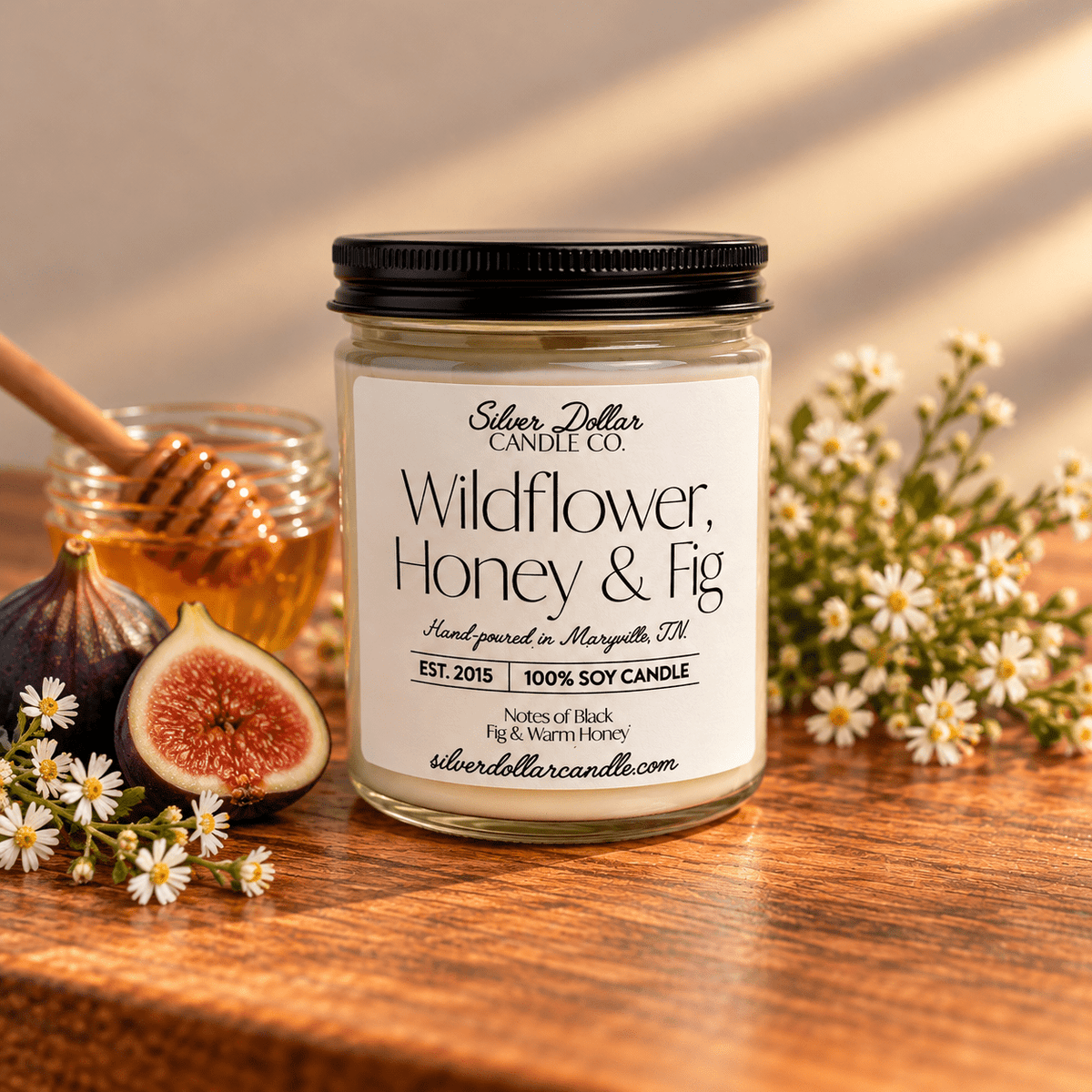 Wildflower, Honey & Fig Soy Candle | 9oz Sweet Floral & Fruity Scent | Cotton Wick | Hand-Poured in Tennessee - Silver Dollar Candleworks all natural soy candle