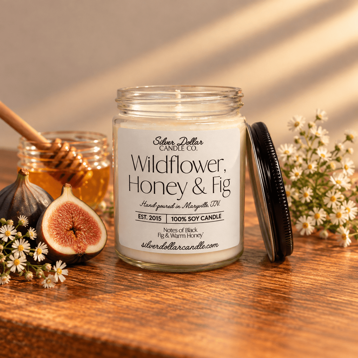 Wildflower, Honey & Fig Soy Candle | 9oz Sweet Floral & Fruity Scent | Cotton Wick | Hand-Poured in Tennessee - Silver Dollar Candleworks all natural soy candle