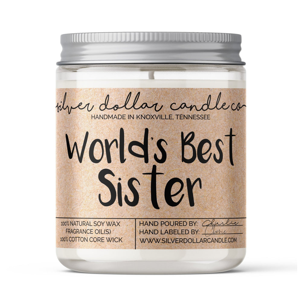 World's Best Sister Candle - 9/16oz 100% All - Natural Handmade Soy Wax Candle - Silver Dollar Candle Co all natural soy candle