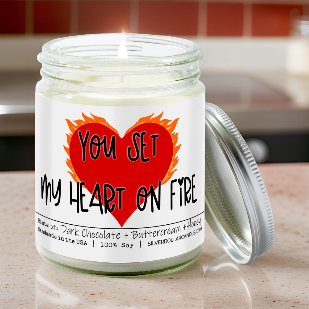 You Set My Heart on Fire Candle - Love/Anniversary/Valentine's Day Candle - Chocolate Brownie Scented Soy Candle, 9oz | Rich Butter Cream, Dark Chocolate, Honey - Silver Dollar Candle Co all natural soy candle