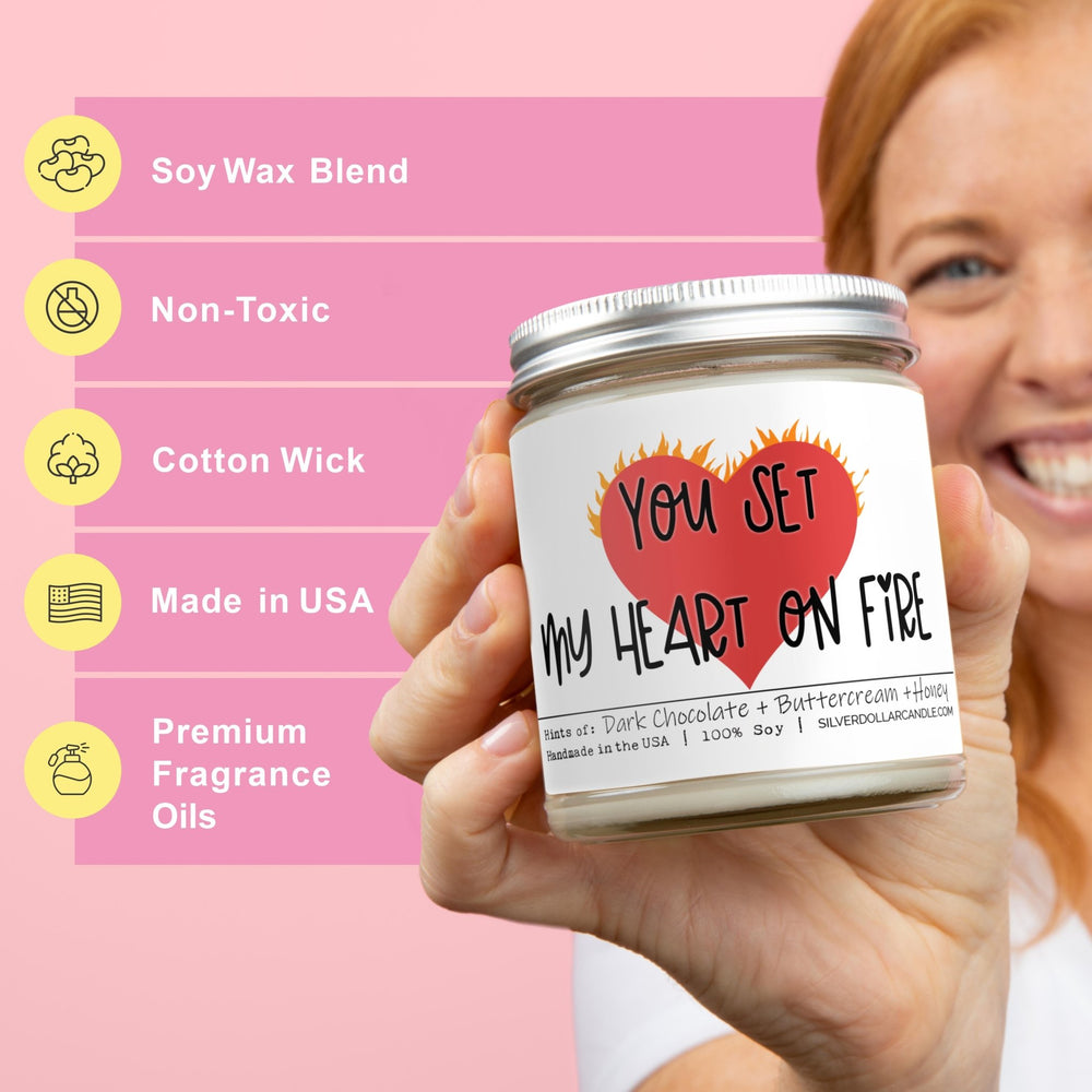 
                  
                    You Set My Heart on Fire Candle - Love/Anniversary/Valentine's Day Candle - Chocolate Brownie Scented Soy Candle, 9oz | Rich Butter Cream, Dark Chocolate, Honey - Silver Dollar Candle Co all natural soy candle
                  
                