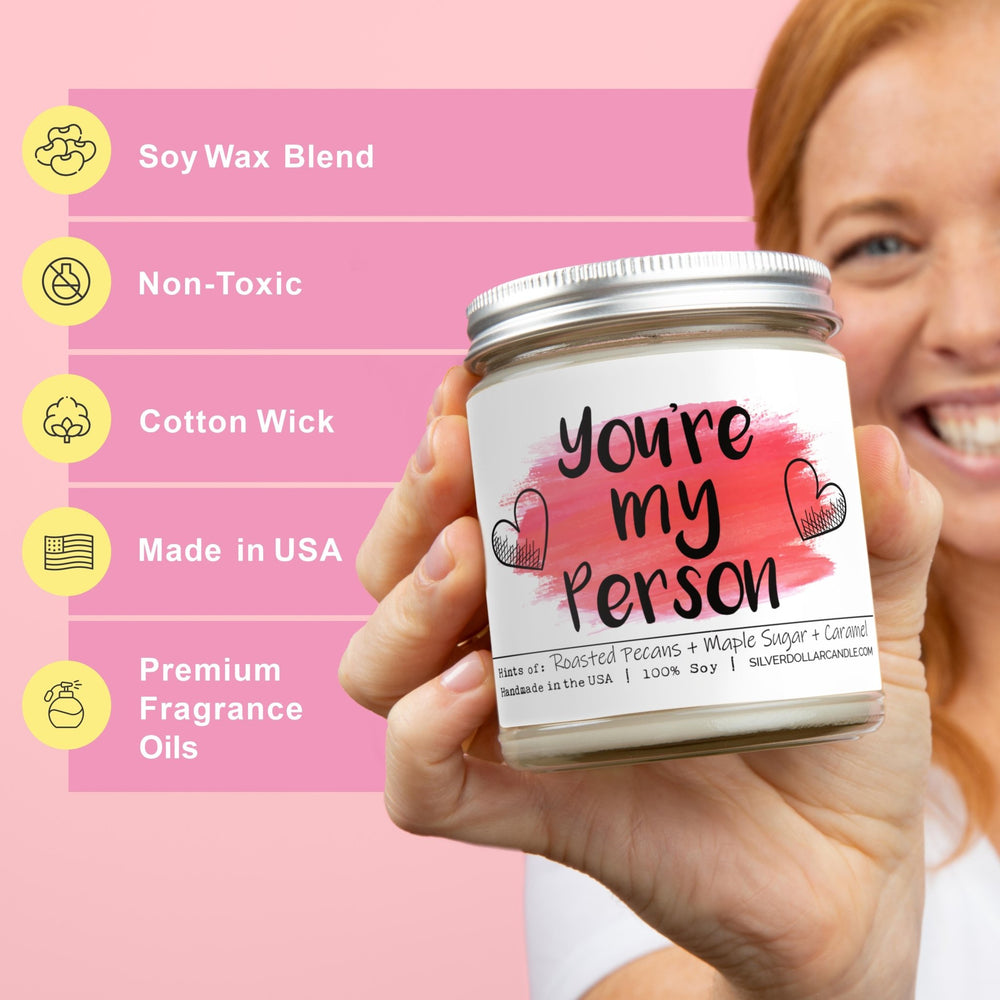 
                  
                    You’re my person Candle - Love/Anniversary/Valentine's Day Candle - Sweet Pecan Scented Candle | Handmade in Knoxville, Eco - Friendly Soy Wax & Cotton Wick | Roasted Pecans, Maple Sugar, Caramel Fragrance - Silver Dollar Candle Co all natural soy candle
                  
                