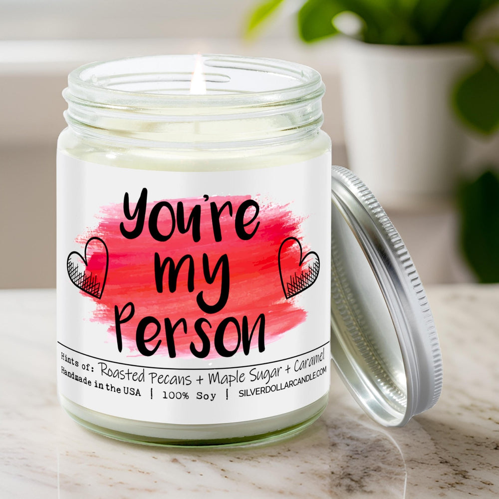 
                  
                    You’re my person Candle - Love/Anniversary/Valentine's Day Candle - Sweet Pecan Scented Candle | Handmade in Knoxville, Eco - Friendly Soy Wax & Cotton Wick | Roasted Pecans, Maple Sugar, Caramel Fragrance - Silver Dollar Candle Co all natural soy candle
                  
                